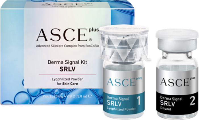 Cutia ASCE+ Derma Signal Kit SRLV și cele două flacoane: pulberea liofilizată și diluantul