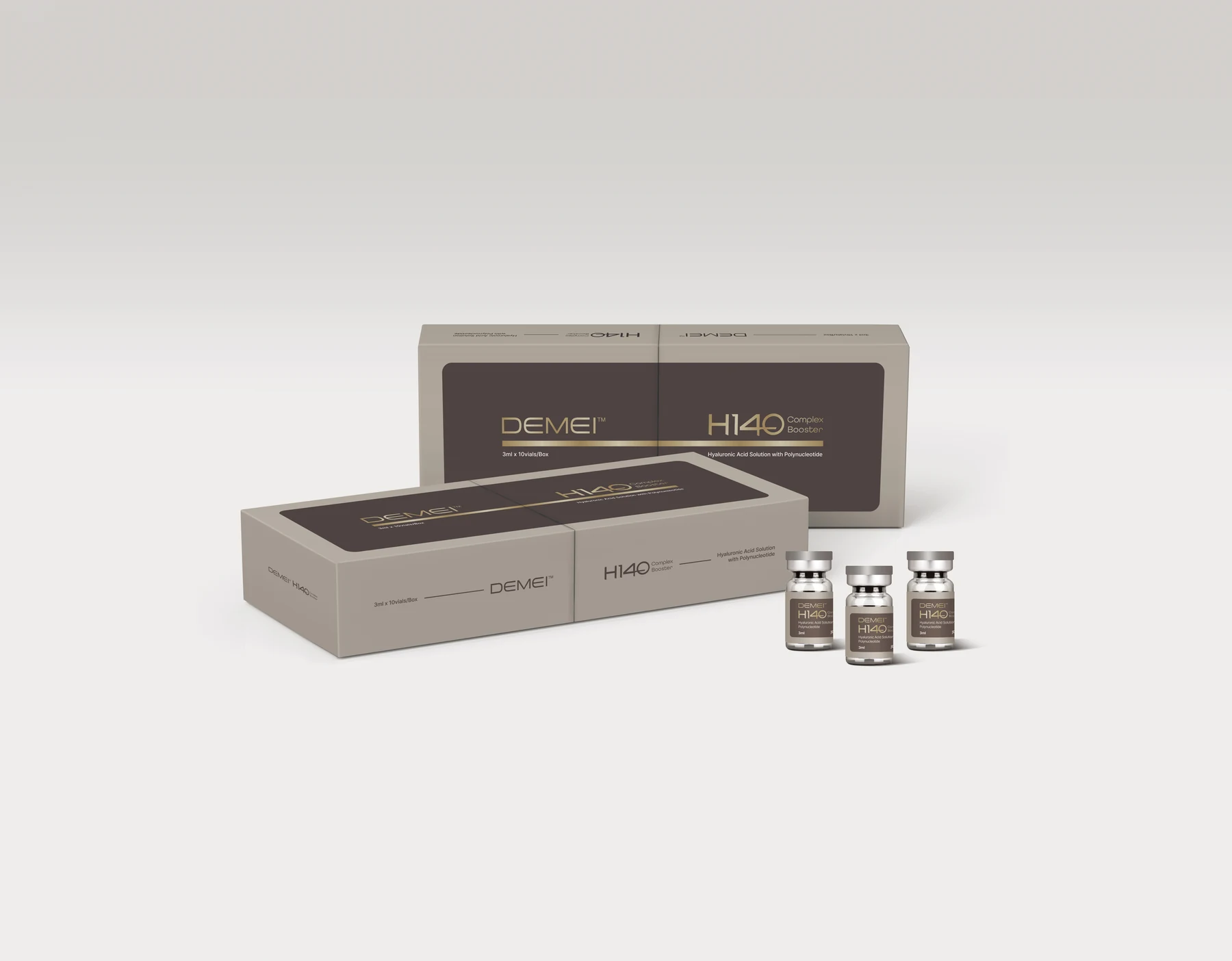 DEMEI H140 Complex Booster: cutiile și flacoanele originale JDBIO, în nuanțe de taupe și auriu