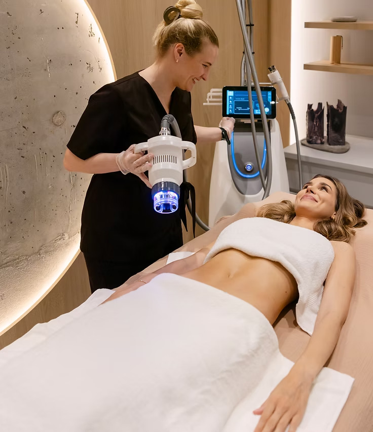 Terapeută zâmbind în timp ce pregătește piesa Jordi Shape pentru o ședință de remodelare abdominală