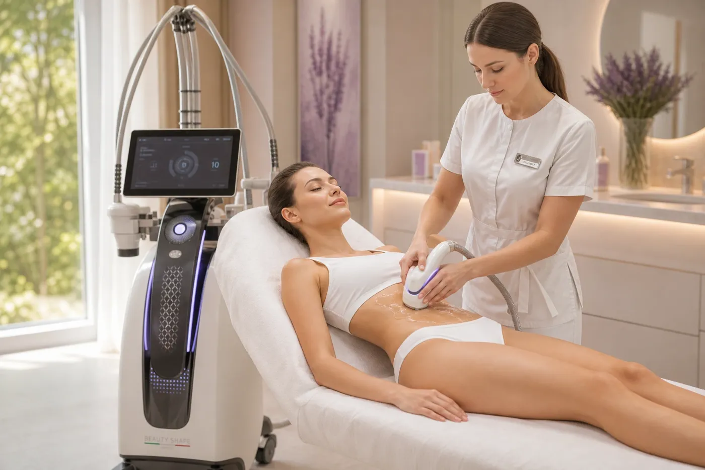Clientă relaxată în timpul unei ședințe Jordi Shape, cu piesa aplicată pe abdomen