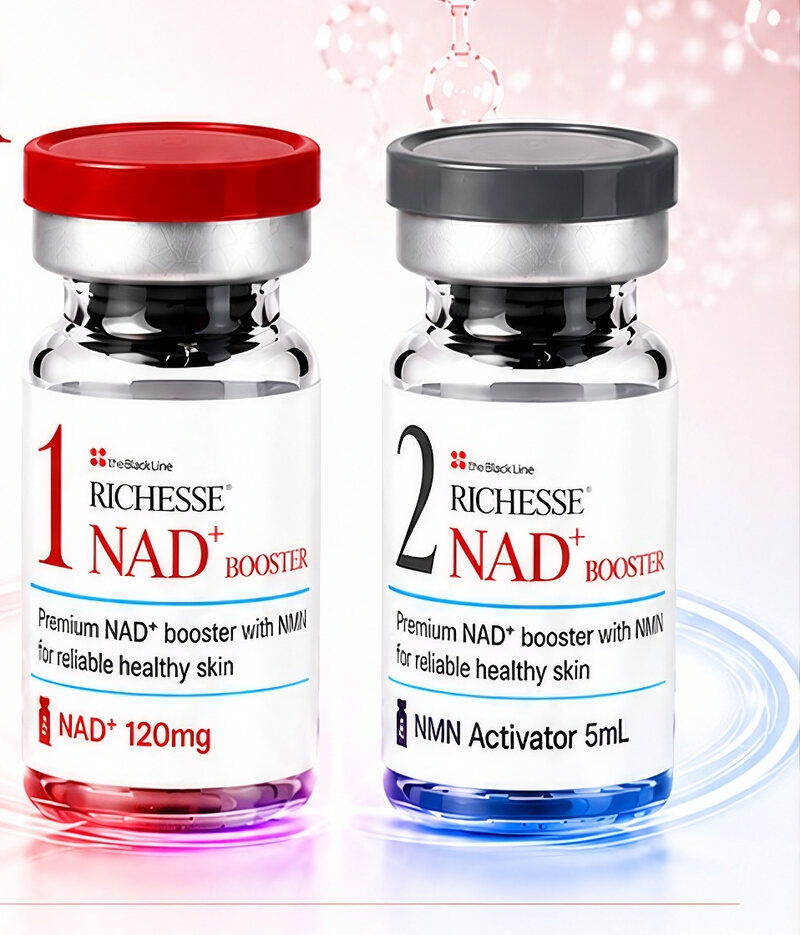 Cele două flacoane Dr. Richesse NAD+ Booster: 1 — NAD+ 120 mg, 2 — NMN Activator 5 ml (ilustrație a producătorului)