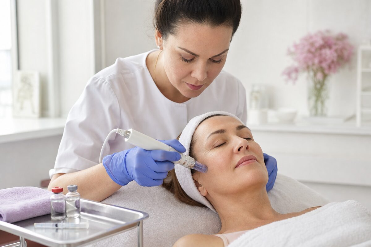 Ilustrare: ședință de microneedling cu Dermapen pentru aplicarea NAD+ Booster (imagine generată, nu fotografie din salon)