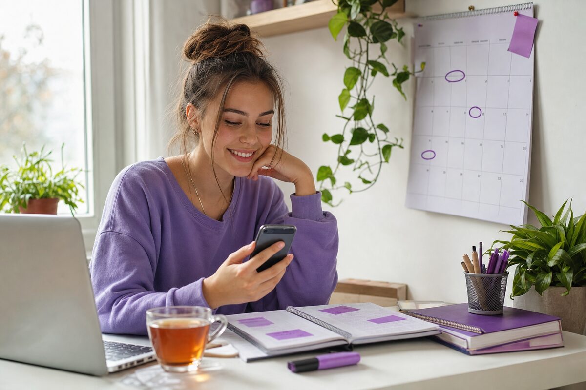 Ilustrație: o studentă își planifică săptămâna la birou și își face programarea de pe telefon